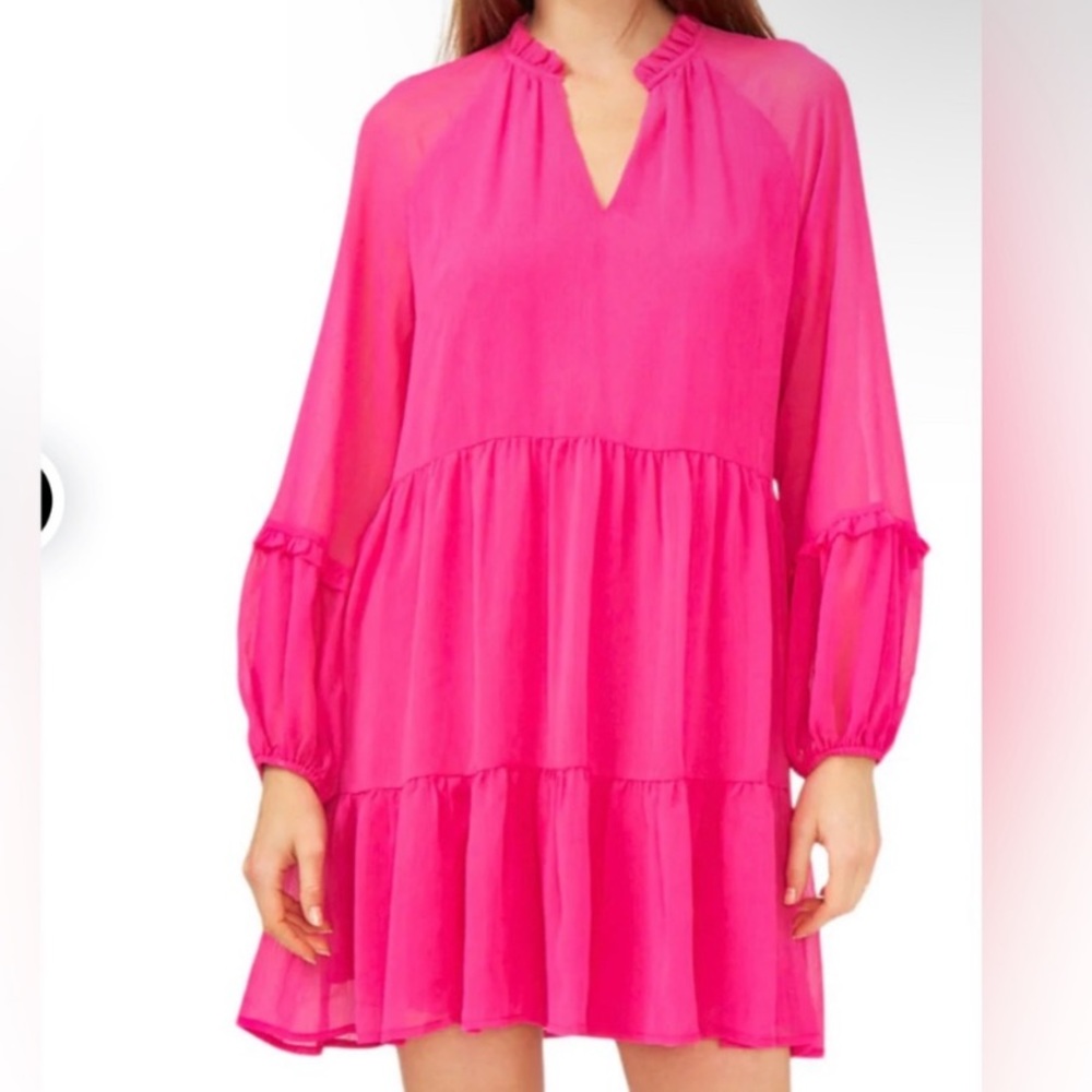 Vince Camuto Bright Pink Tiered Long-Sleeve Shift Dress